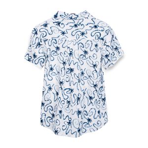 Camisa Niño Lino Manga Corta Estampado Palmeras Azul